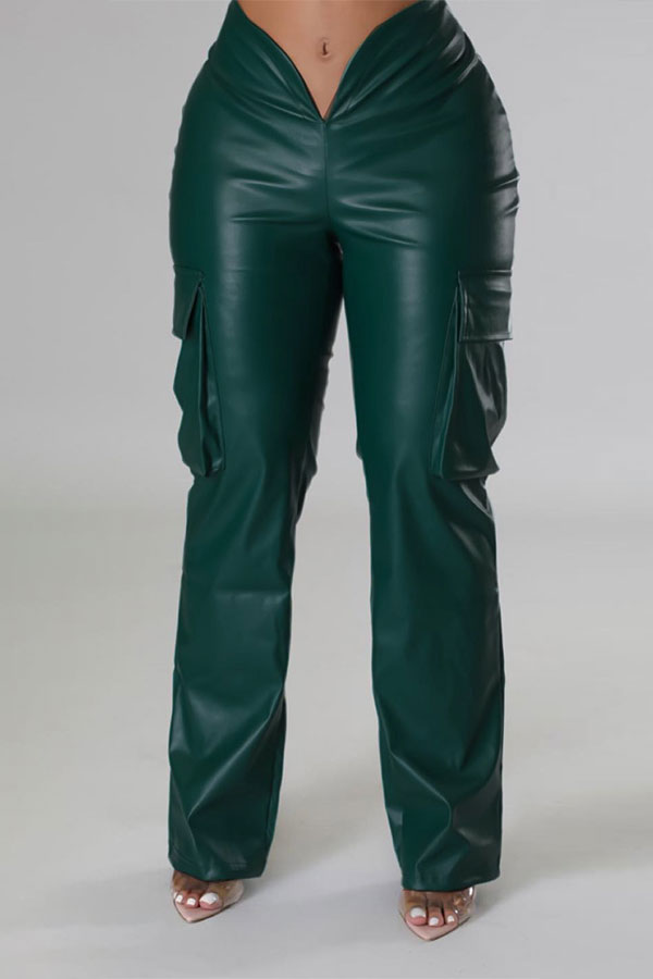 storexq Solid Color PU Modern Patch Pocket Pants