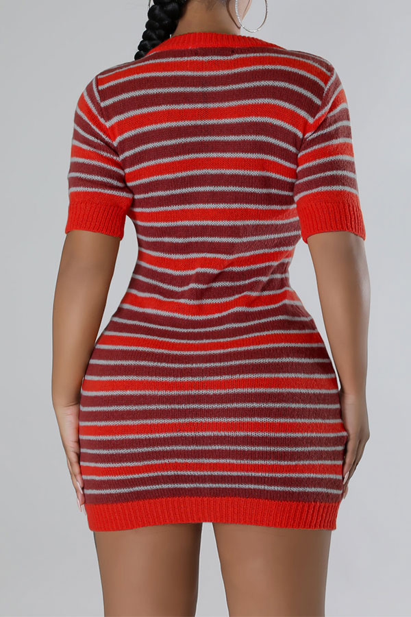 storexq Striped Patchwork Casual Knitted Mini Dress