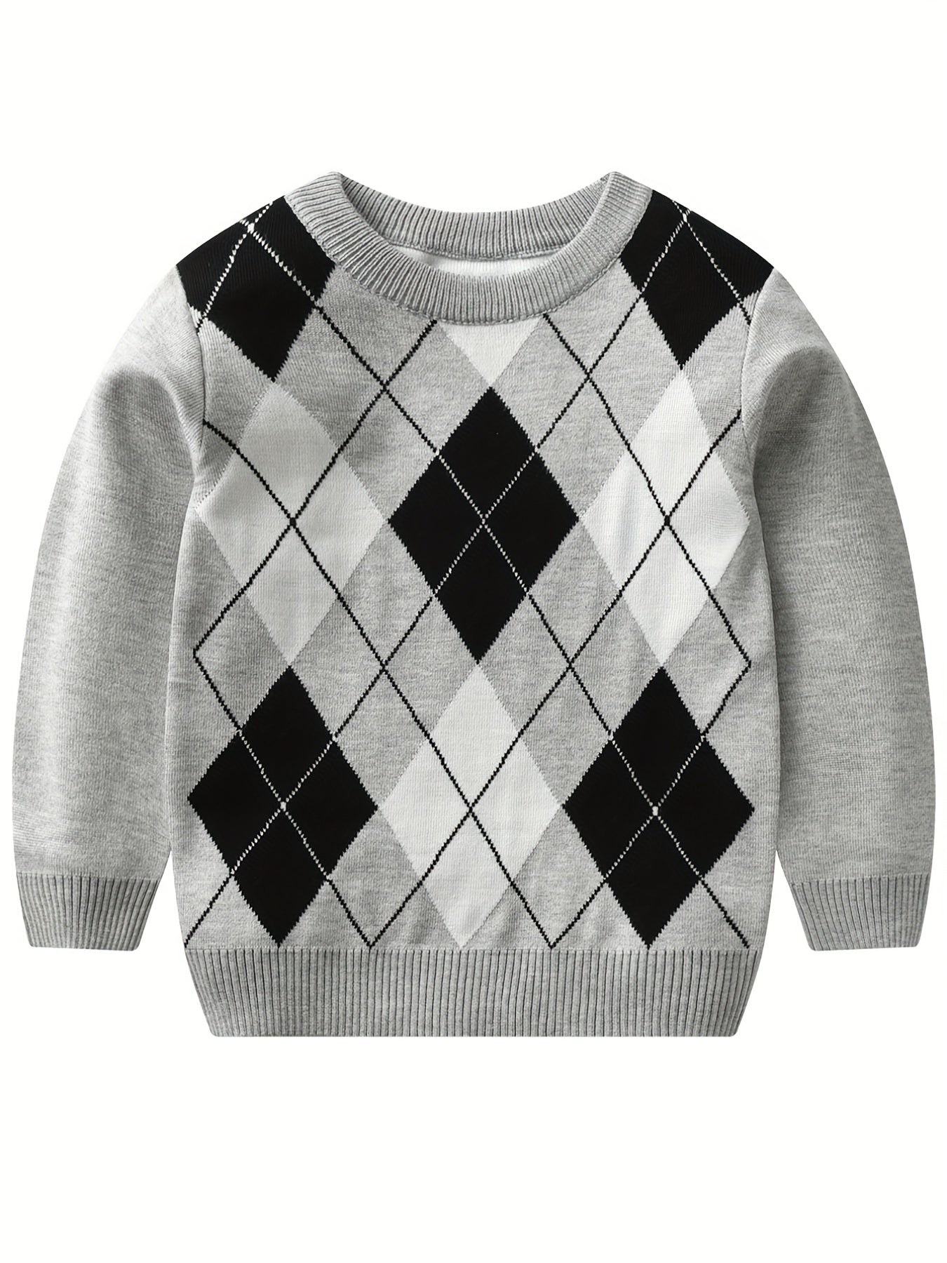 Cozy Boys' Argyle Sweater - Soft Stretchy Long Sleeve Round Neck Pullover Top for Kids - Warm Knit Outdoor Clothing for Winter and Fall