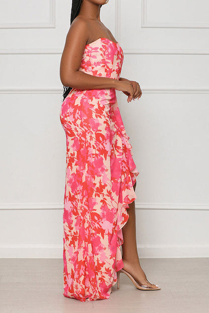 storexq Floral Print Romantic Ruffle High Split Maxi Dress