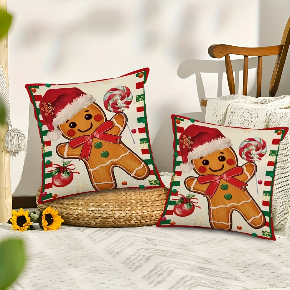 2pcs Festive Christmas Throw Pillow Covers - Gingerbread & Candy Cane Designs, Perfect for Holiday Home & Dining Decor, Machine Washable Linen, Multiple Sizes (16x16/18x18/20x20)