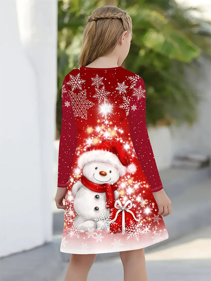 Girls' Christmas Snowman 3D Print Long Sleeve Dress, Knitted Polyester Fabric, Casual Style, Regular Fit, Stretchy, Cartoon Pattern, for Kids, Autumn/Winter Season