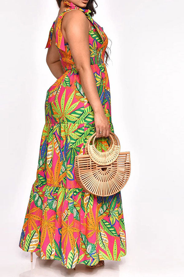 namcoverse Leaf Print Strap Shirred Undeniable Tiered Ruffle Maxi Dress