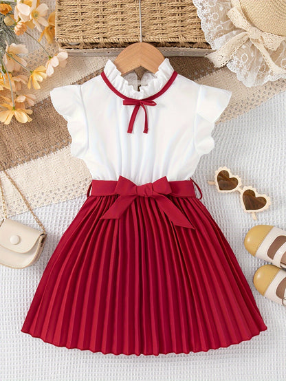 Fashionable Girls Bow Strapped Dress with Ruffle Trim - Adorable Splicing Design for Comfortable Summer Holidays & Parties - A Perfect Gift Idea