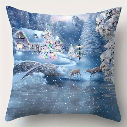 4-Pack Festive Christmas Throw Pillow Covers, 17.7x17.7 inches, Snowy Scenery Pattern, Zippered Polyester Cushion Cases, Vintage Style, Woven Fabric, Geometric Design, Machine Washable, for Living Room Decor