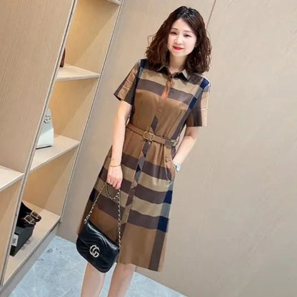 Women Fashion Designer dress Summer Women's Short Sleeve Blouse  Casual Plaid Dress Party Shirt with Belt