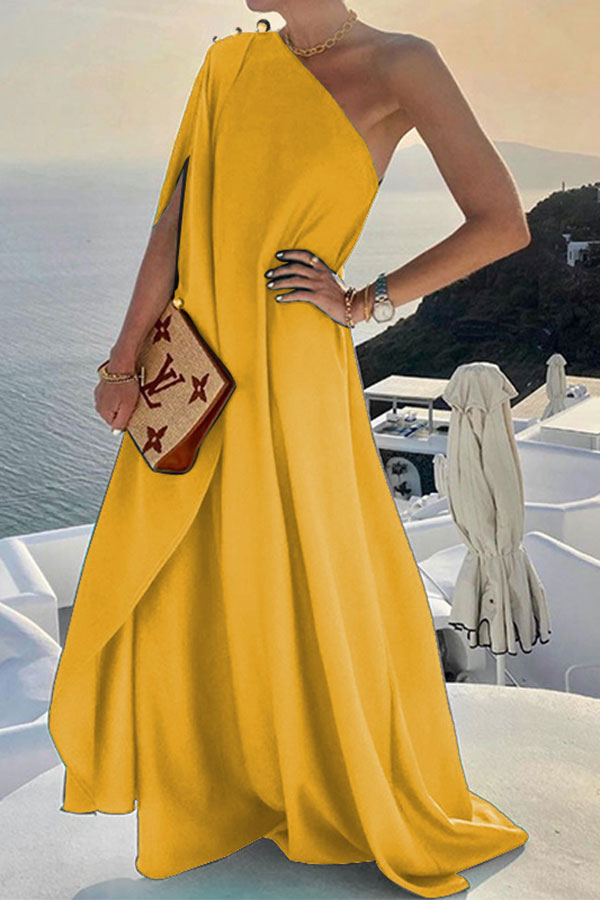 storexq Solid Color Chic One Shoulder Flowy Maxi Dress