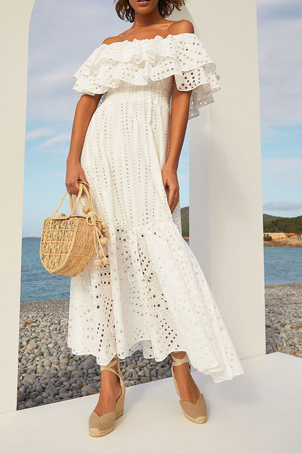 storexq Floral Embroidery Hollow-Out Pretty Double Ruffle Off Shoulder Maxi Dress