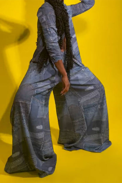 storexq Imitation Denim Print Chic Wide Leg Pant Suit