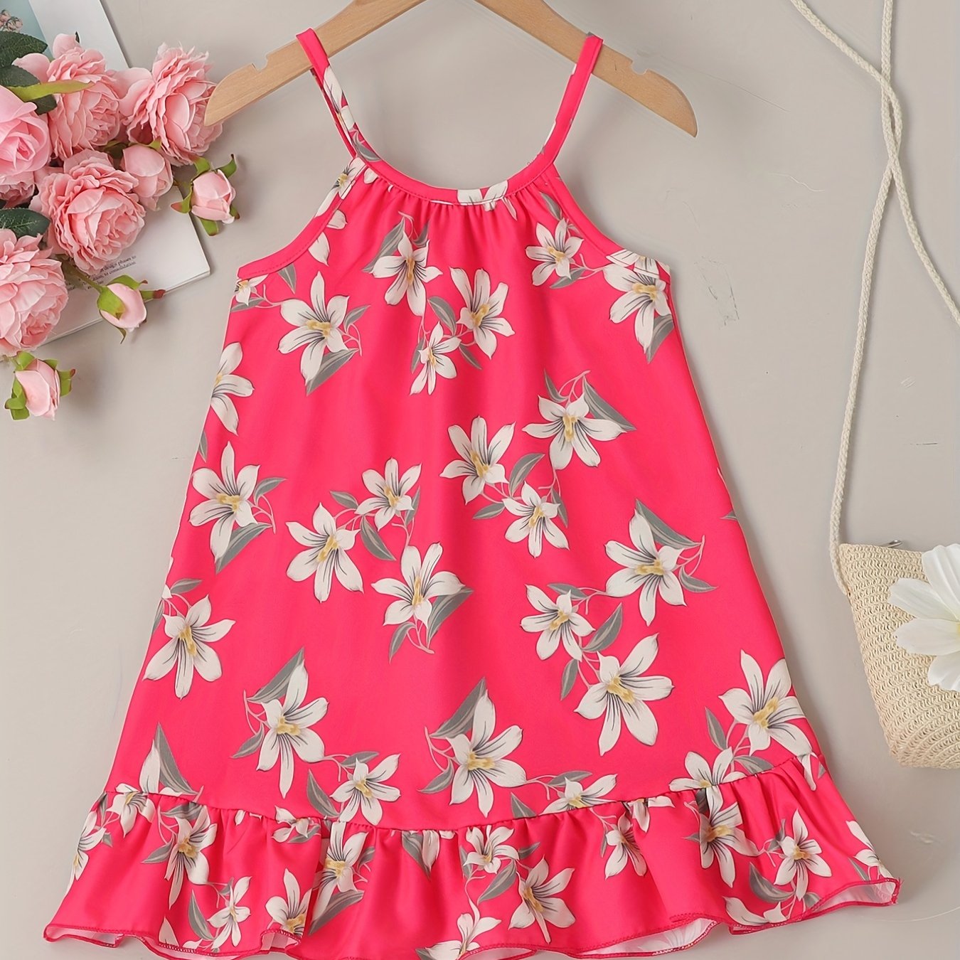 Girls Ruffle Hem Flower Graphic Cami Dress For Party Beach Vacation Kids Summer Clothes