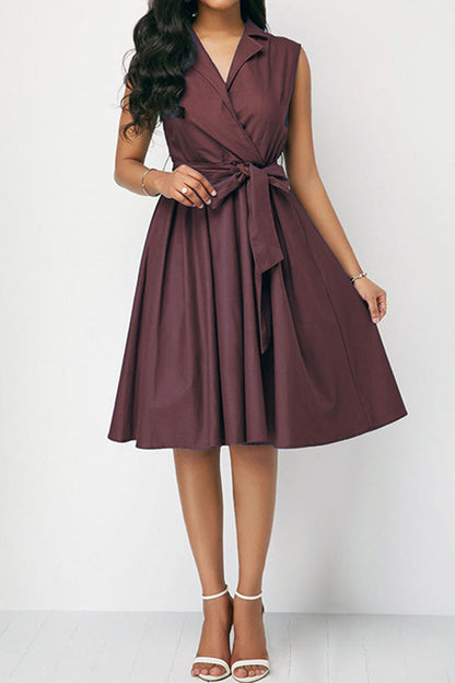 storexq Solid Color Notched Lapel Urban Belted Midi Dress