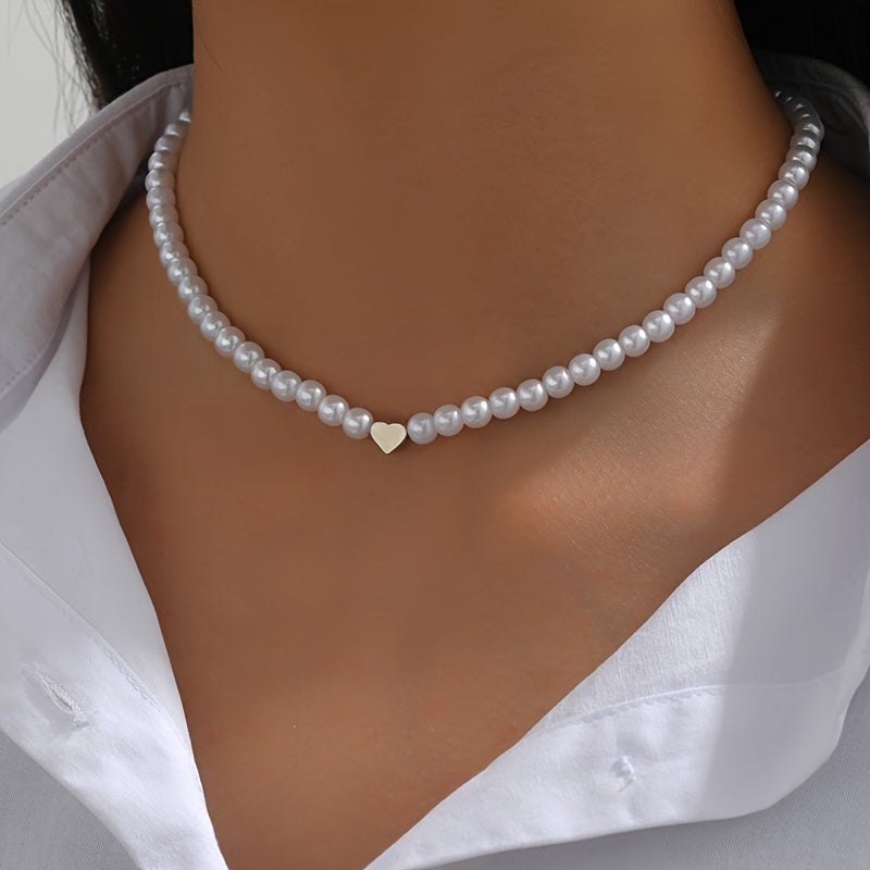 1pc Simple Love Decor Faux-Pearl Choker Necklace, Elegant Style Imitation Pearl Collar Necklace, Evening Jewelry