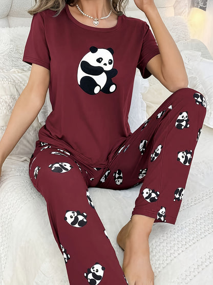 Womens Cute Panda Print Pajama Set - Short Sleeve Round Neck Top & Elastic Pants - Lightweight, Breathable, Perfect for Summer Sleepwear - Cozy, Comfortable Nightwear