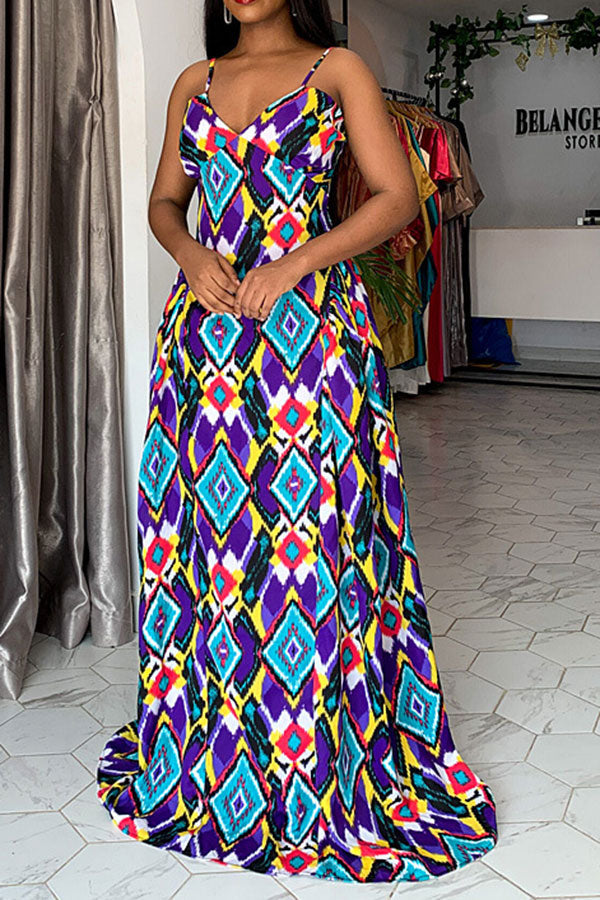 namcoverse Colorful Geometric Print Feminine Swing Maxi Dress