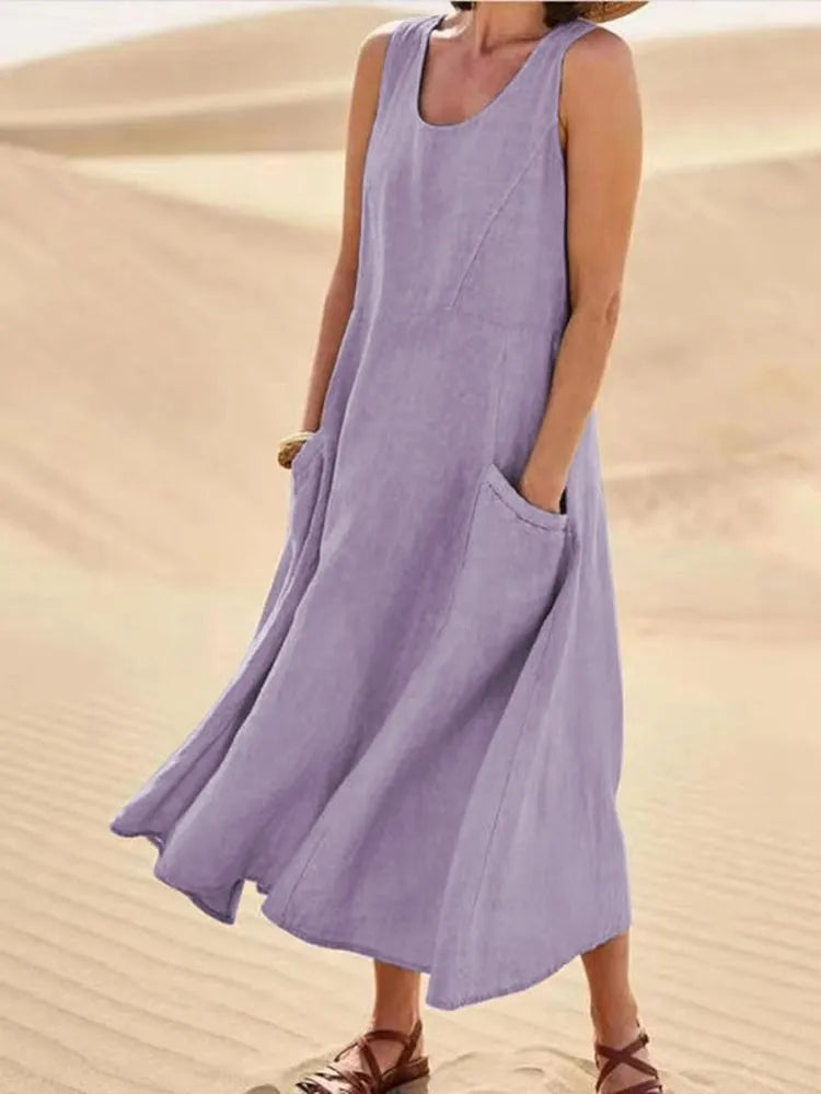 Summer women Casual Dresses pocket sleeveless round neck women's cotton linen dress loose home outdoor skirt cf0 9e0