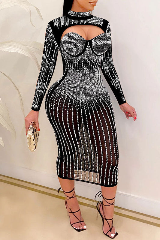 namcoverse Rhinestone Cutout Party See-Through Bodycon Midi Dress