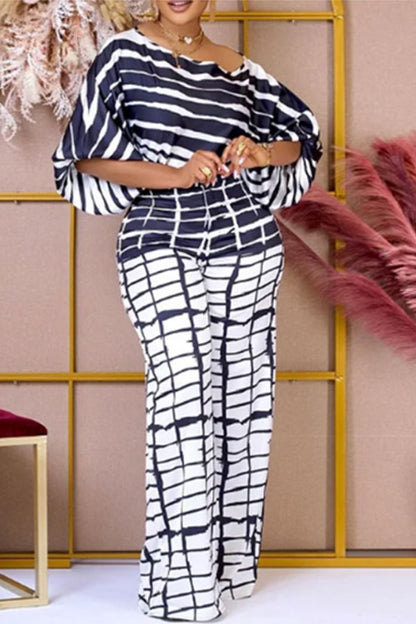 storexq Striped Puff Sleeve Laid Back Wide Leg Pant Suit