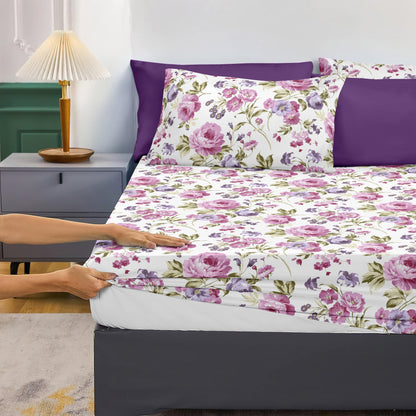 4/6 pcs Vibrant Floral Pattern Microfiber Bed Sheet Set - Soft, Breathable, Hypoallergenic, and Wrinkle-Resistant - Includes 1/2 Solid and 1/2 Printed Pillowcases, Deep Pocket Fitted Sheet, and Flat Sheet - Perfect for Bedroom, Guest Room, Hotel, and All-