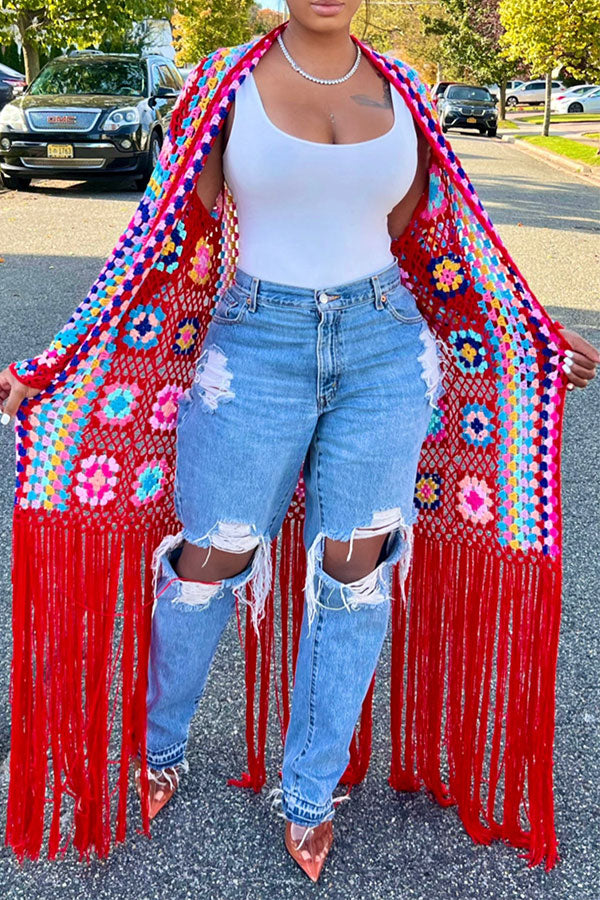 namcoverse Colorful Geometric Crochet Belted Tassel Cardigan