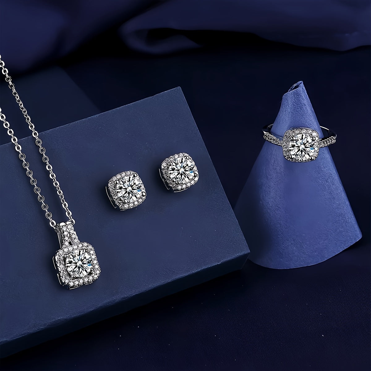 Cuboid Shiny Zircon Inlaid Stud Earrings & Pendant Necklace & Ring Elegant Luxury Style Delicate Female Gift