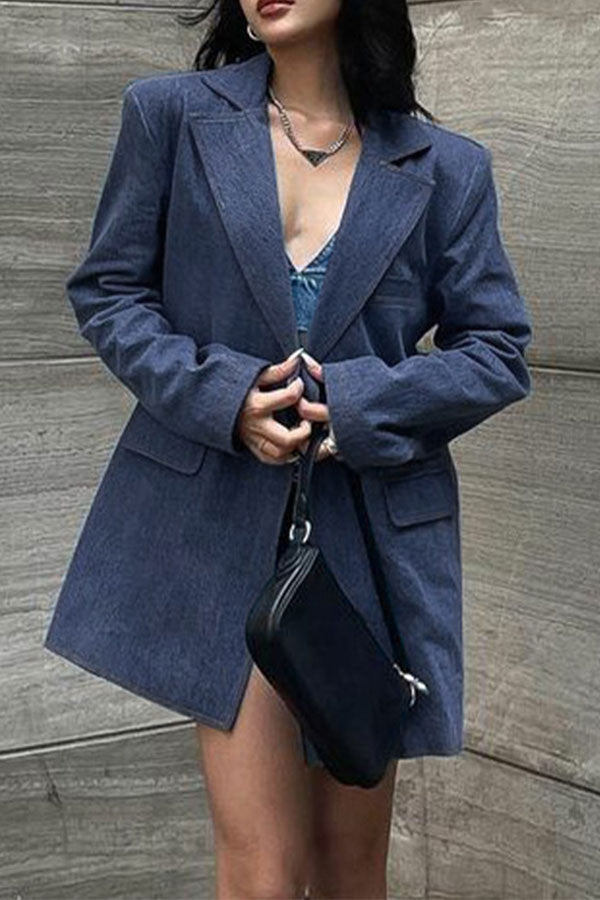 storexq Solid Color Notched Lapel Feminine Denim Blazer