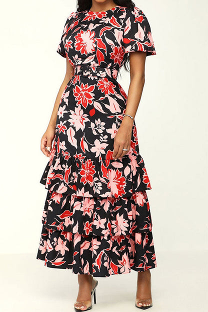 storexq Floral Print Glamorous Belted Tiered Midi Dress