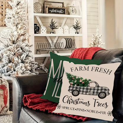 4pcs Set Green Christmas Tree Throw Pillow Covers, 18x18 Inch - Modern Minimalist Style, Flannel Printed, Zip Closure - Perfect for Living Room, Bedroom & Sofa Decor (Inserts Not Included)