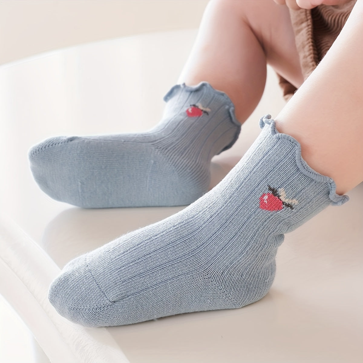 5 Pairs Girl's Cartoon Fruit Pattern Knitted Socks, Cotton Blend Comfy Breathable Soft Crew Socks For Outdoor Wearing