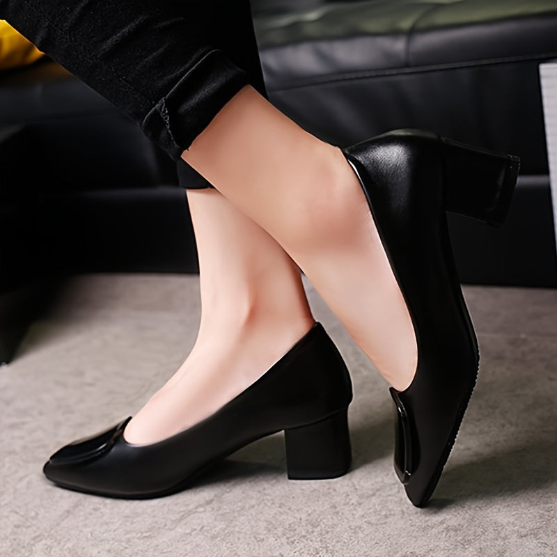 Chic Square Buckle Pumps - Solid Color Pointed Toe Design - Comfortable Chunky Heels for All-Occasion Stylish Work Wear