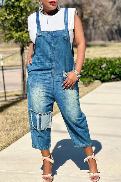 storexq Blue Suspenders Hippy Pocket Denim Jumpsuit