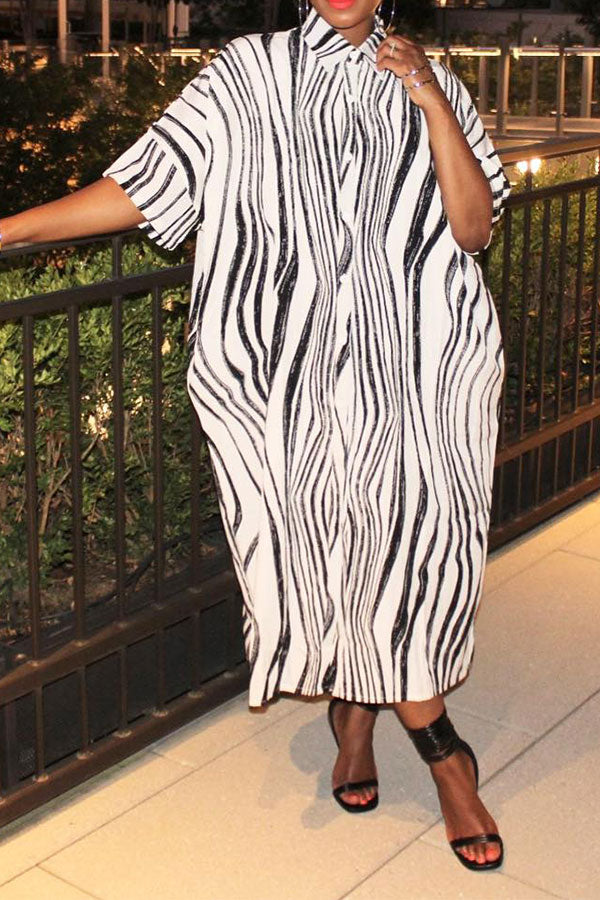 storexq Zebra Print Shirt Collar Casual Button Midi Dress