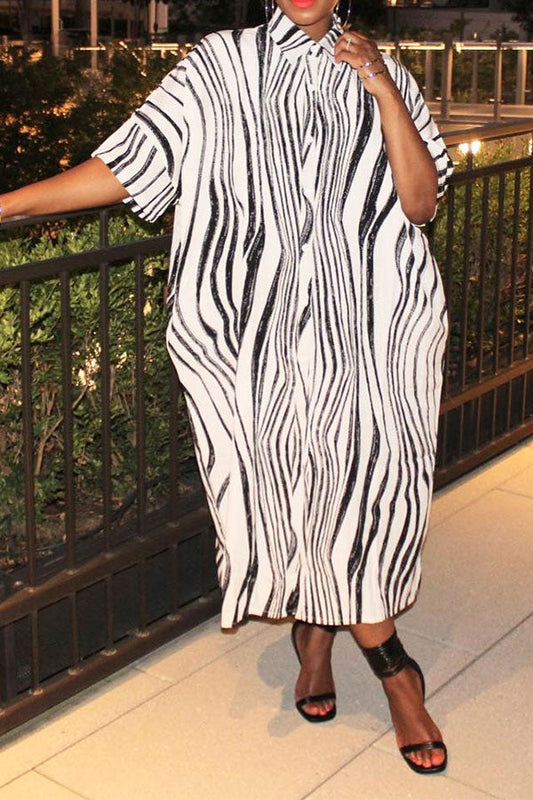 storexq Zebra Print Shirt Collar Casual Button Midi Dress