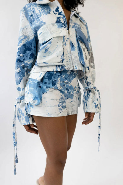 storexq Tie Dye Unique Patch Pocket Skirt Suit