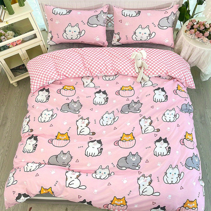 3-Piece Fashionable Kawaii Cat Print Duvet Cover Set - Soft, Comfortable, and Cozy Bedding for Bedroom and Guest Room - Includes 1 Duvet Cover and 2 Pillowcases, No Filling