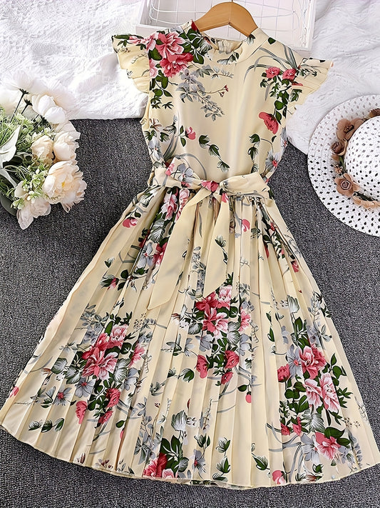 Knee High Floral Pleated Sleeveless Midi Dress for Girls - Casual Summer Outfit with Belt - Polyester Non-Stretch Fabric, Hand Washable, Perfect for Holiday and Outdoor Activities