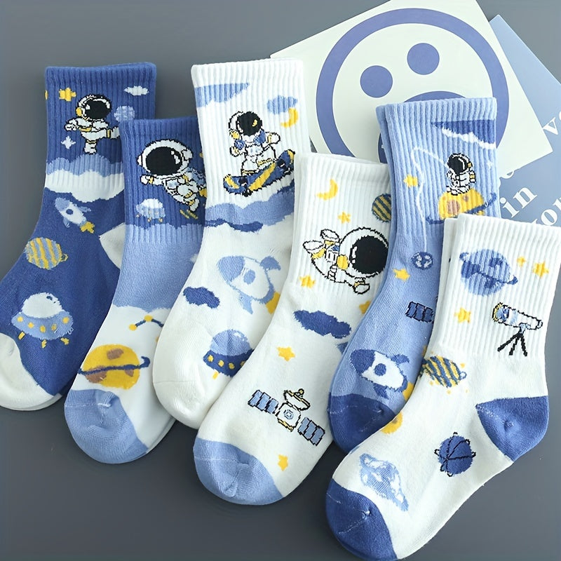 8 Pairs Of Kid's Fashion Cute Astronaut Pattern Crew Socks, Comfy & Breathable Soft & Elastic Sport Socks For Spring And Summer