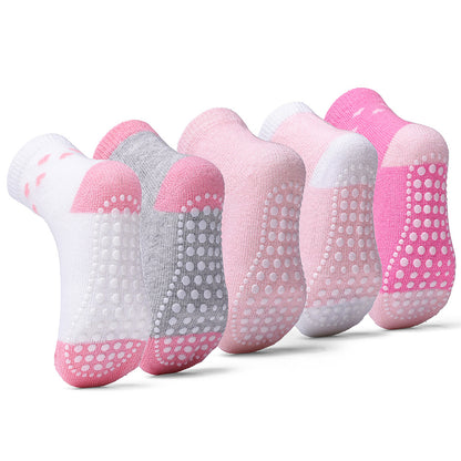 5pairs Baby Girls Non-Slip Toddler Socks Cotton Heart Print Crew Socks