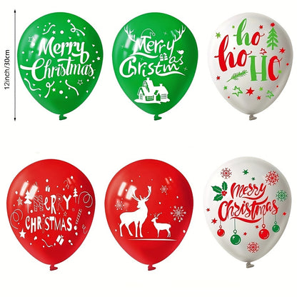 18pcs Christmas Party Balloon Set - 12" Green, Red & White Latex with Reindeer & Tree Prints for Festive Decorations