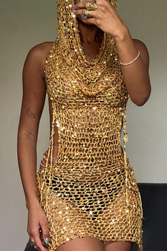 storexq Sequined Decor Hooded Backless Crochet Mini Dress