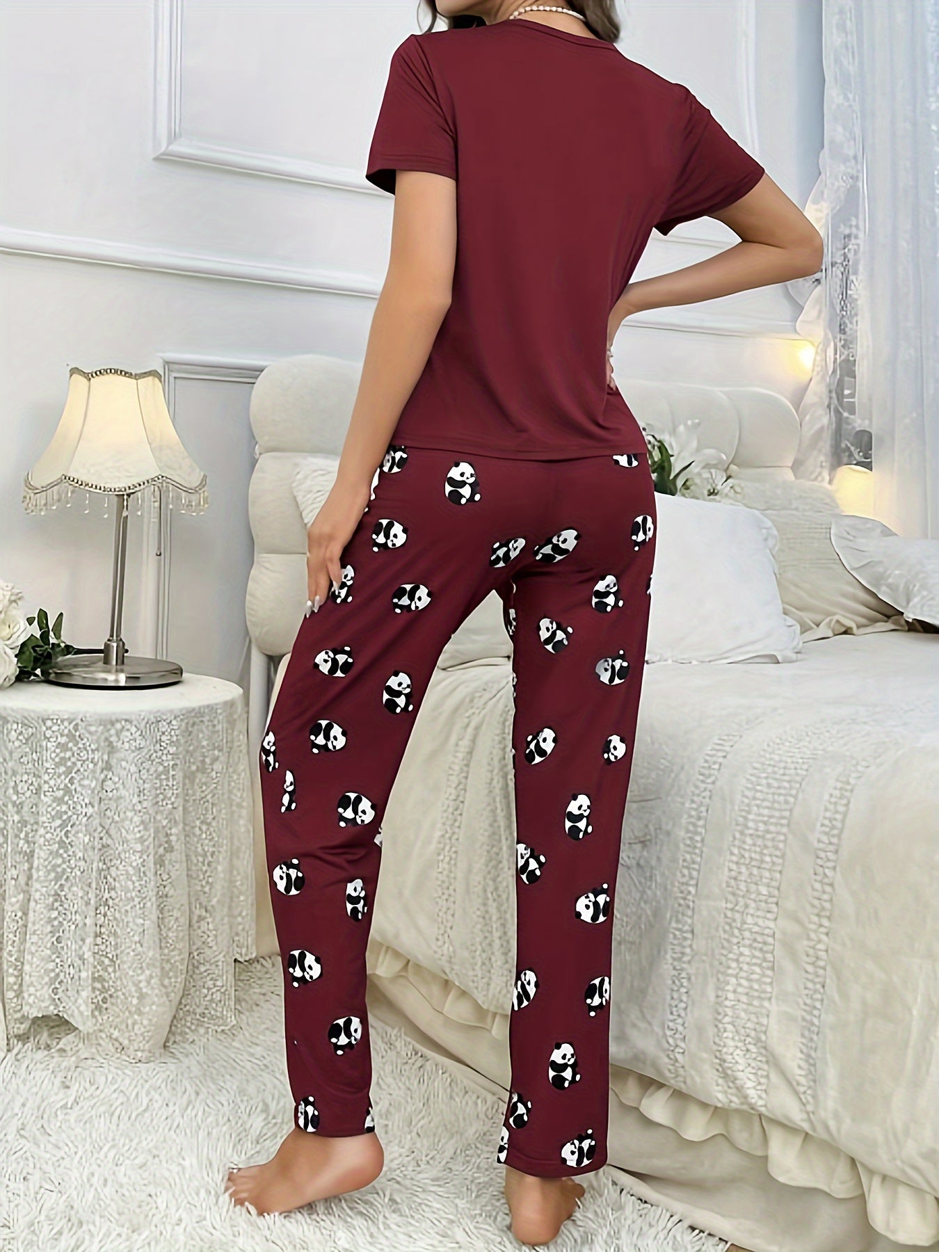 Womens Cute Panda Print Pajama Set - Short Sleeve Round Neck Top & Elastic Pants - Lightweight, Breathable, Perfect for Summer Sleepwear - Cozy, Comfortable Nightwear