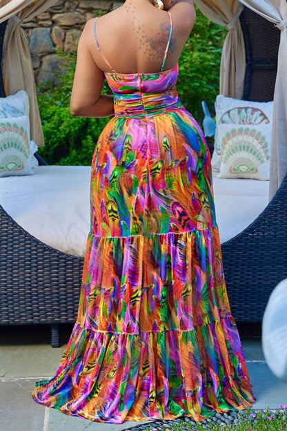 storexq Tie Dye Bohemia Ruffle Maxi Dress