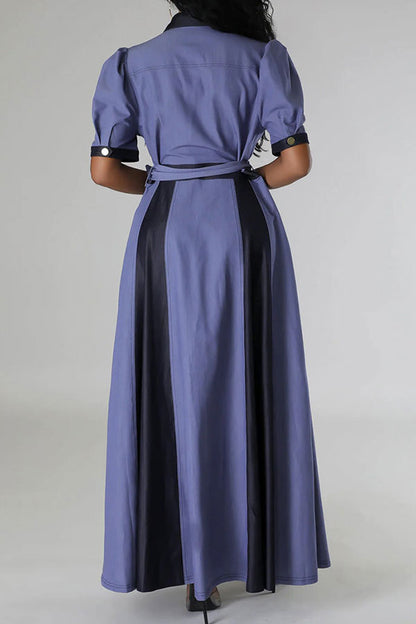 storexq Color Block Patchwork Classic Belted Maxi Dress