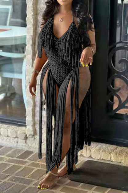 storexq Solid Color Backless Romantic Crochet Cutout Tassel Beachwear