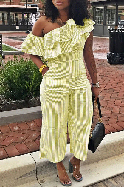 storexq Striped Oblique Collar Pretty Ruffle Jumpsuit