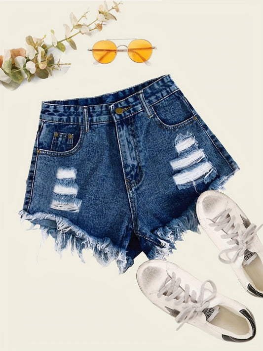 Women's Denim Shorts, Slim Fit Fashionable Ripped Jean Shorts, Casual Summer Hot Pants, Versatile and Slimming, Frayed Hem