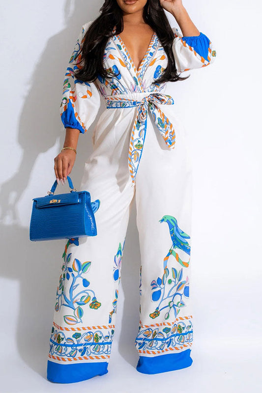 storexq Natural Print Tropical Belted Wide Leg Jumpsuit