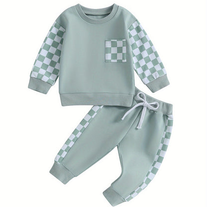 Toddler Boys Fall Outfits Checkerboard Patchwork Crew Neck Long Sleeve Sweatshirts and Elastic Waist Long Pants Set 2Pcs Winter Clothes