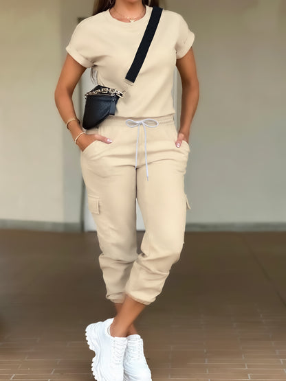 Casual Solid Color Pants Set, Short Sleeve T-shirt & Flap Pockets Drawstring Jogger Pants Outfits, Women's Clothing