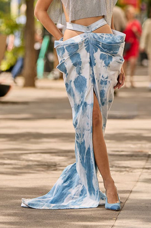 storexq Tie Dye Unique Cutout Draped High Split Trailing Skirt