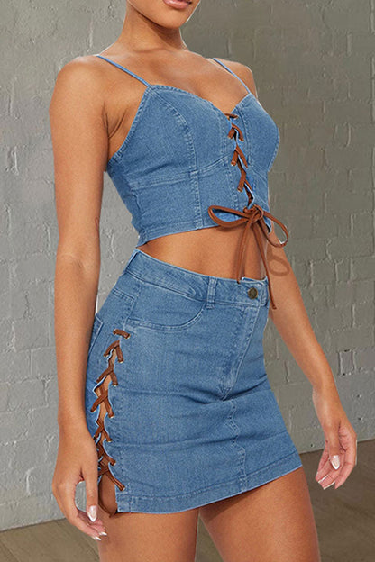 storexq Solid Color Smart Strappy Denim Skirt Suit